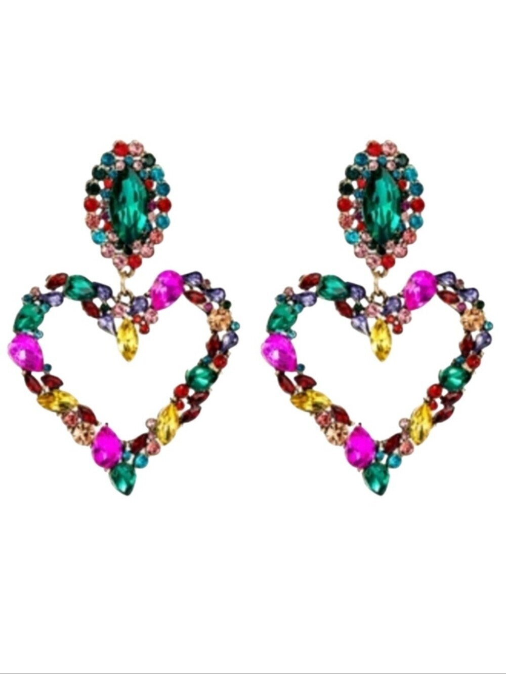 Heart Statement Earrings with Rhinestones Colorful Pierced